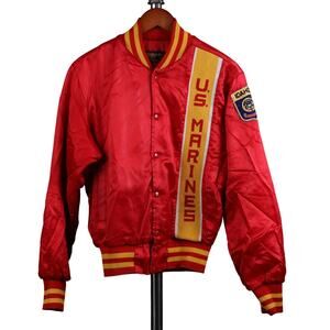 Vintage US Marines Bomber Jacket Small Red Idaho State Swingster 70s Satin USA